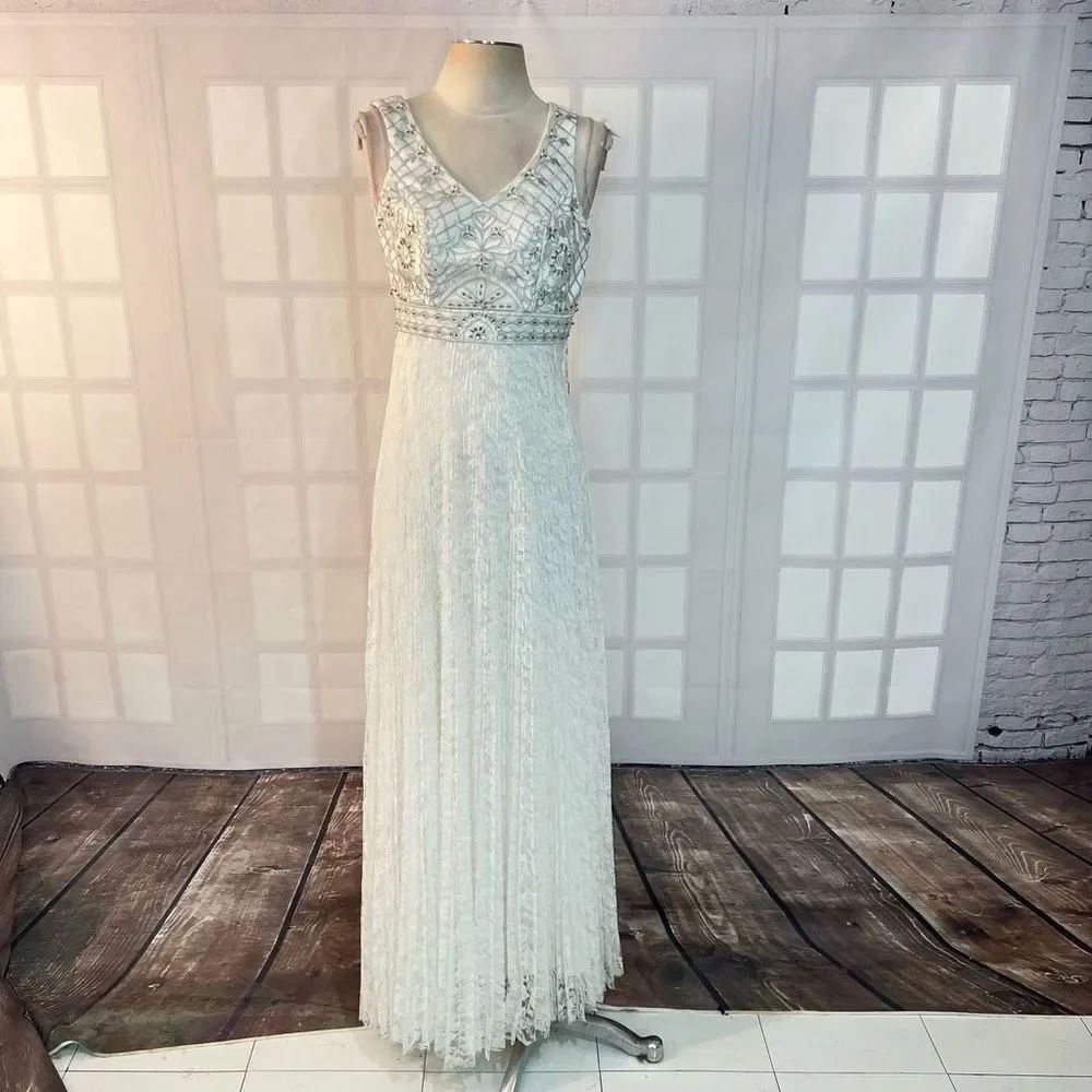Sue Wong NWT white beaded pleated white lace formal gown size 0